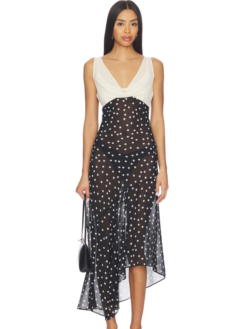 LPA Two-Tone Polka Dot Sheer Midi Dress in Black and Ivory